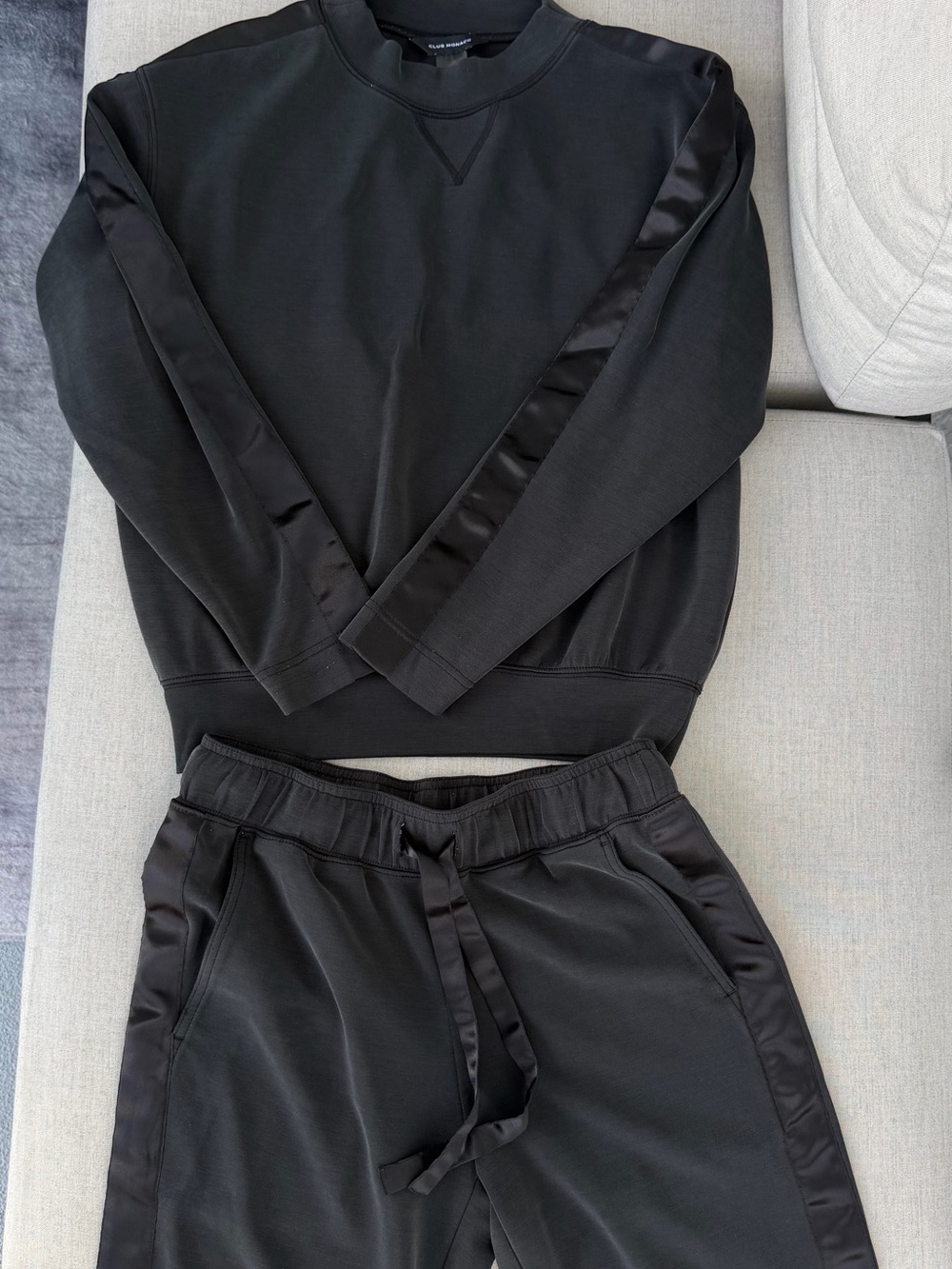 Club Monaco Black Satin-Trim Track Joggers and top